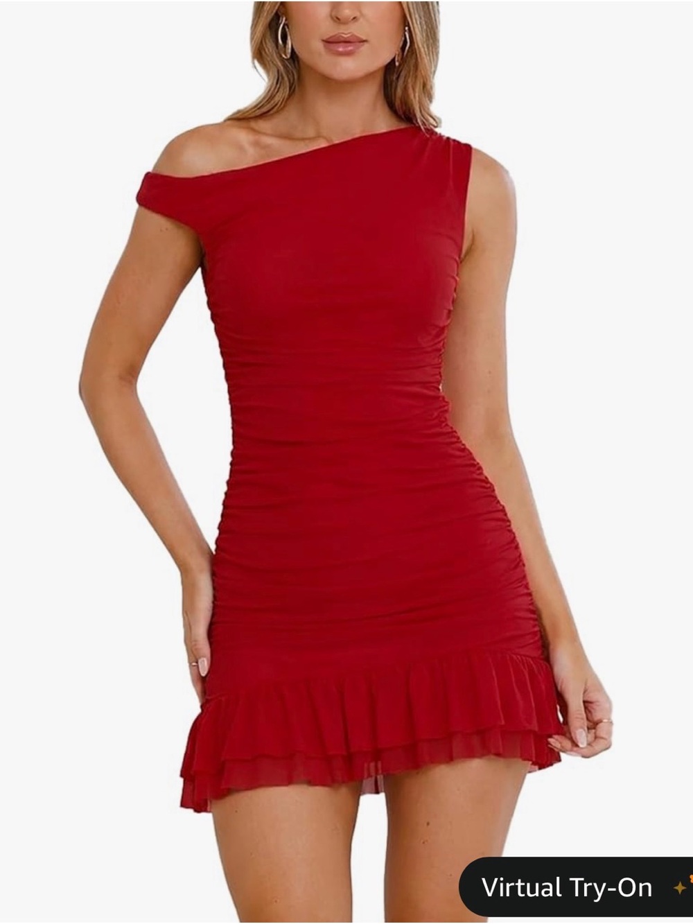 Red One-Shoulder Ruched Ruffle Mini Dress